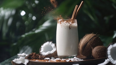 Creamy vanilla smoothie on a tray with a splash of cinnamon and coconut shavingsの素材