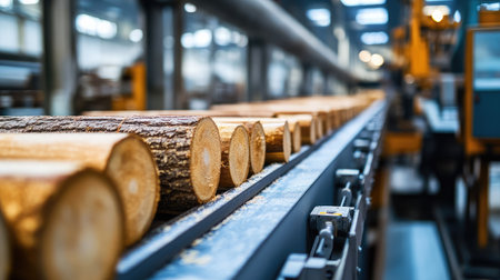 Industrial log saw machine with timber segments on a conveyor belt at a sawmillの素材