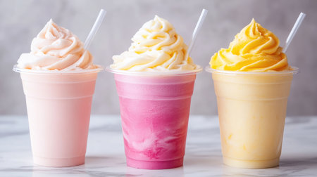 Trio of smoothies in gradient colors arranged neatly on a marble surfaceの素材