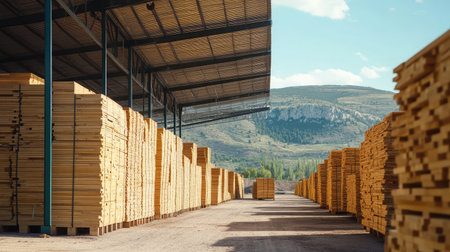 Piles of processed lumber boards stacked under a metal canopy in a lumber yardの素材