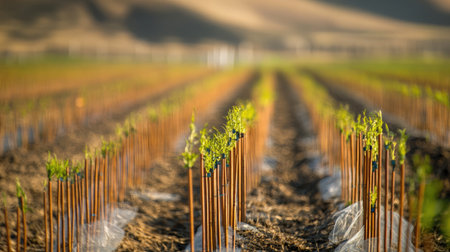 Rows of saplings with wind protection mesh around them in arid reforestation zoneの素材