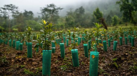 Green plastic tree protectors placed around saplings on a rewilded fieldの素材