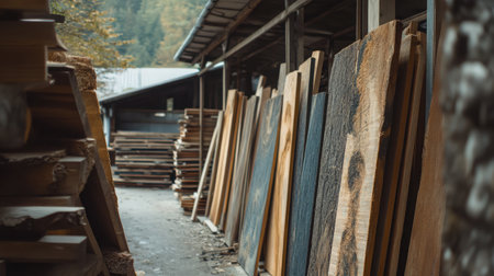 Rough-cut timber boards drying on racks inside a covered processing areaの素材