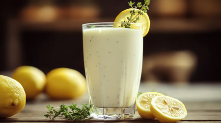 Lemon smoothie in a chilled glass with lemon slices and sprigs of thymeの素材