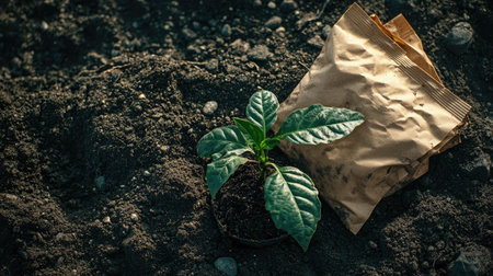 Root stimulator and soil enhancer packets beside a sapling in a prepared bedの素材