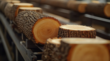 Industrial log saw machine with timber segments on a conveyor belt at a sawmillの素材