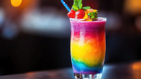 Layered rainbow smoothie in a clear cup with garnishes, set on a minimalist backdropの素材