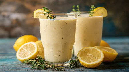 Lemon smoothie in a chilled glass with lemon slices and sprigs of thymeの素材