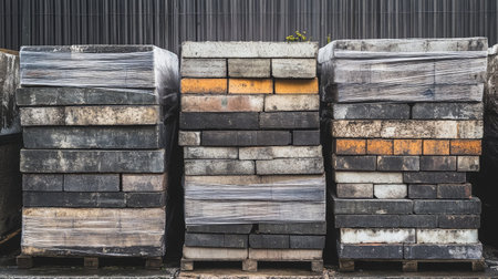 Timber fencing materials stacked vertically and wrapped in plastic sheetsの素材