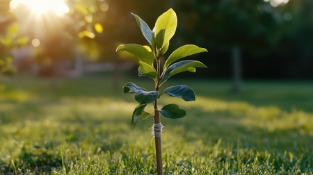 Sapling supported by a wooden stake and twine in a suburban garden settingの素材