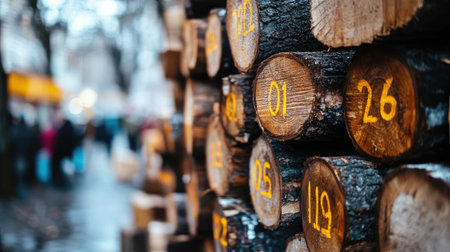 Sawn logs with measurement markings waiting for next step in productionの素材