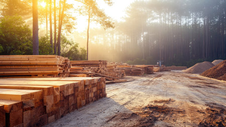 Timber offcuts piled in a corner of a lumber yard with a foggy forest in the distanceの素材
