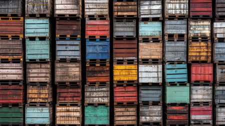 Timber pallets stacked high outside a warehouse with visible wood patternsの素材