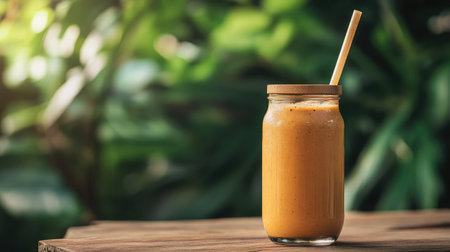 Smoothie with visible texture in glass with bamboo lid and straw on natural surfaceの素材