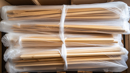 Timber fencing materials stacked vertically and wrapped in plastic sheetsの素材