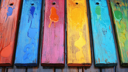 Timber planks treated and painted with visible drip marks drying outdoorsの素材