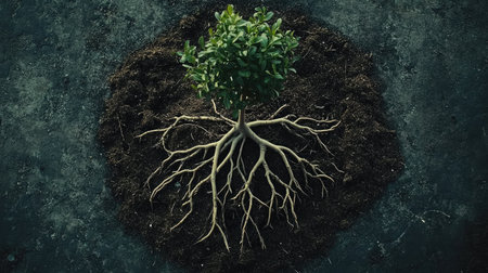 Top-down view of a sapling placed in soil with mulch, roots neatly arrangedの素材