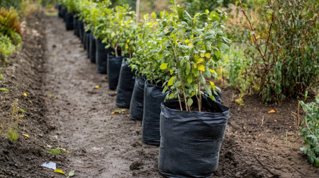 Tree seedlings on display in black nursery bags on a dirt path awaiting plantingの素材
