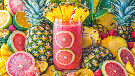 Tropical smoothie with mango and pineapple in a tall glass surrounded by sliced fruitsの素材