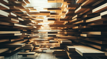 Wooden support beams for construction stacked in organized layersの素材