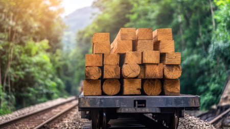 Wooden planks with fresh cut marks stacked on a flatbed rail carの素材