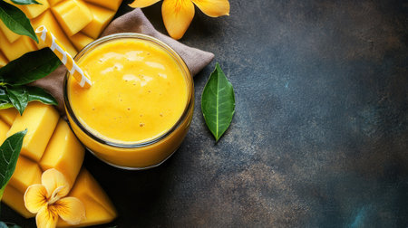 Vibrant smoothie in a clear jar placed next to eco-friendly straws and cloth napkinの素材