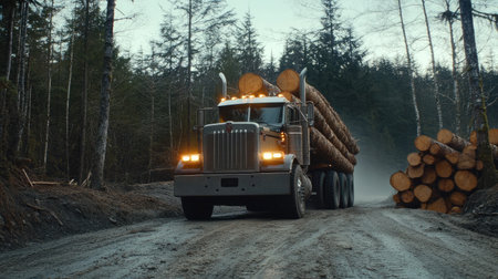 Wide shot of a log transportation truck loaded with cut timber driving on dirt roadの素材