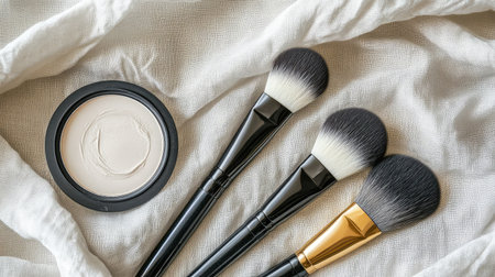 Beauty product flat lay featuring brush sets and unlabeled palettes on soft linenの素材