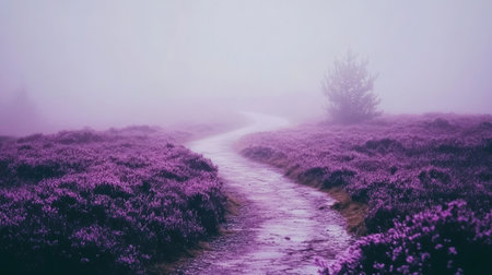 Curved footpath through a fog-covered moorland with purple heatherの素材