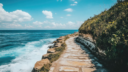 Coastal footpath carved into cliffs with waves crashing belowの素材