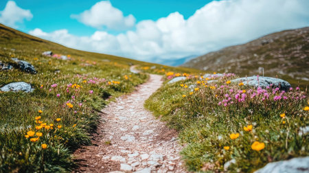 A rural footpath winding uphill, surrounded by wildflowers and rocky terrainの素材