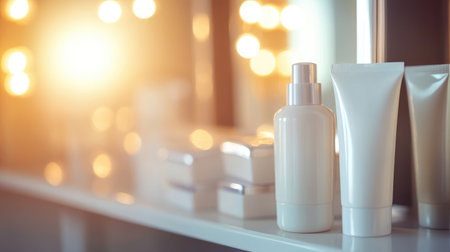 Cream and lotion tubes standing next to a vanity mirror with warm morning lightの素材