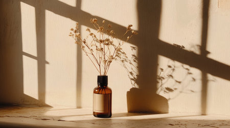 Glass bottles filled with oils or serums resting on dried flowers in soft window lightの素材