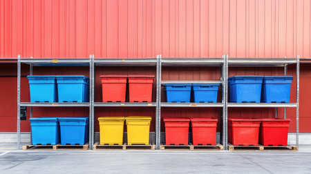 Empty plastic totes stacked on metal shelves in a parts storage facilityの素材
