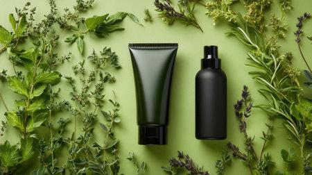 Eco-friendly packaging for unbranded creams and cleansers displayed with leafy plantsの素材