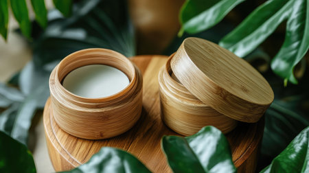 Eco-friendly packaging for unbranded creams and cleansers displayed with leafy plantsの素材