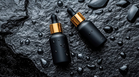 Dropper bottles of skincare essence with no label placed on slate with water dropletsの素材