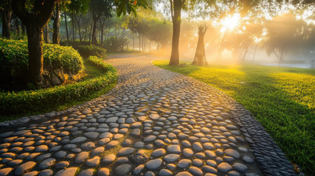 Footpath paved with cobblestones leading through a foggy park at dawnの素材
