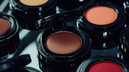 High-angle view of compact makeup products without branding on reflective black glassの素材