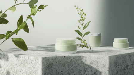 Frosted cosmetic jars on a granite slab with greenery for a natural skincare themeの素材