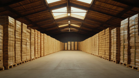 Expansive warehouse interior with stacked pallets of sealed cardboard boxes under bright fluorescent lightingの素材