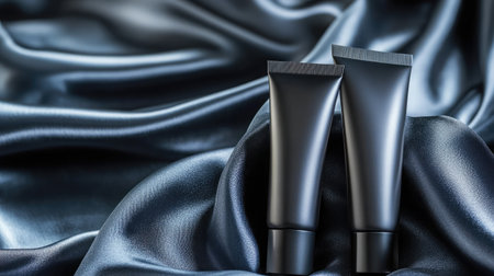 Elegant matte-finish cosmetic tubes placed on silky fabric with a muted color schemeの素材
