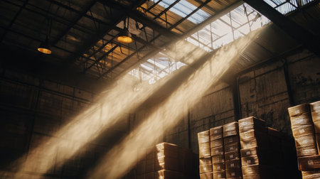 Industrial lights hanging from warehouse ceiling casting shadows on stacked goodsの素材