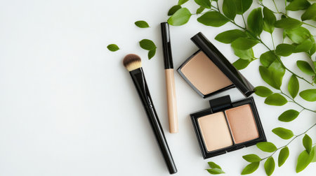 Minimal scene with pastel-packaged makeup laid out on a clean white backgroundの素材