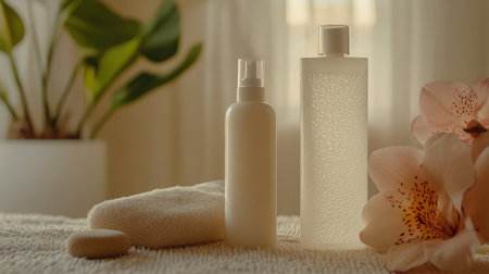 Minimalist body lotion and shampoo bottles next to pumice stone and loofahの素材