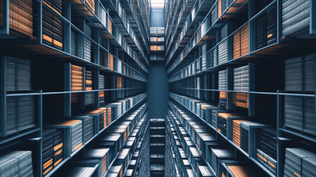 Overhead view of warehouse storage racks arranged in perfect rows across a vast floor spaceの素材
