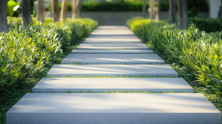 Minimalist concrete footpath in a modern park surrounded by symmetrical plantingsの素材