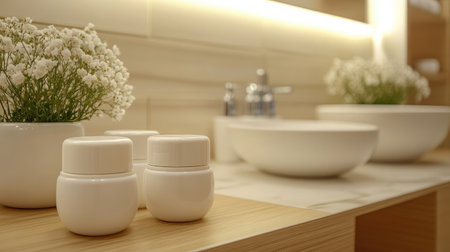 Moisturizers and cleansers in elegant white jars on a wood vanity with marble topの素材