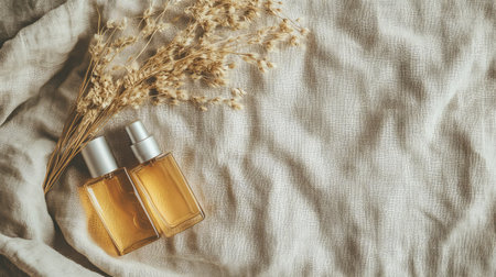 Recyclable packaging for unbranded beauty products arranged on natural linenの素材