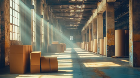 Neatly stacked paper rolls on pallets inside a printing material warehouseの素材